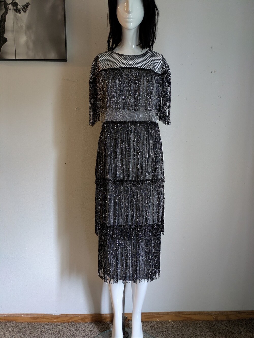 SHEIN Black Silver Metallic Fringe Mesh Midi Dress Size Large Party Cocktail - Picture 6 of 6
